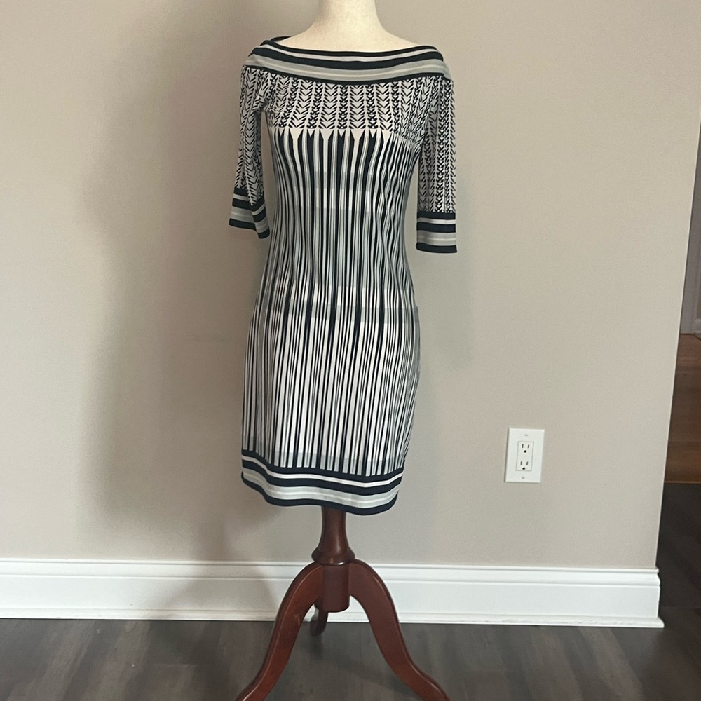 Business Casual Black and Cream Striped Boat Neck Shift Dress